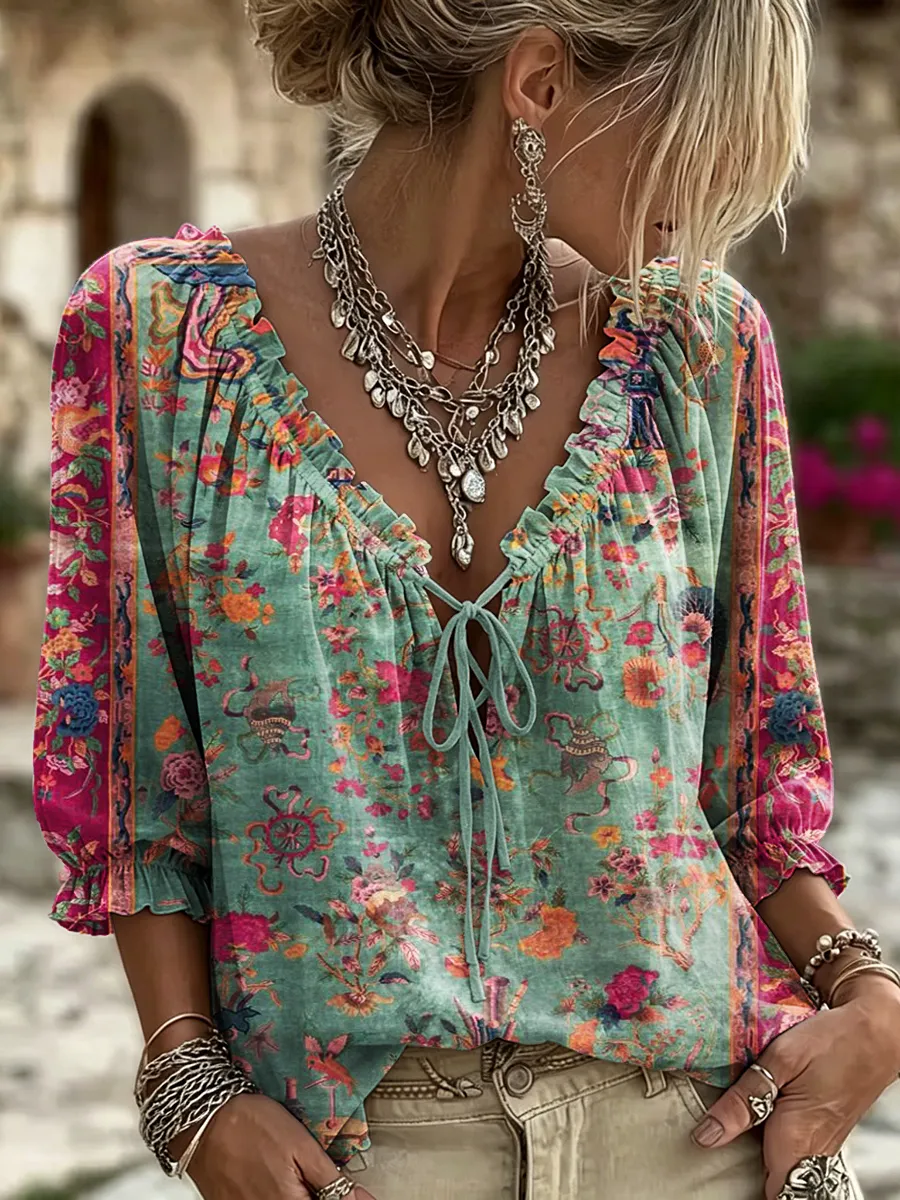 Women's Retro Ethnic Totems Print Ruffle V-neck Blouse