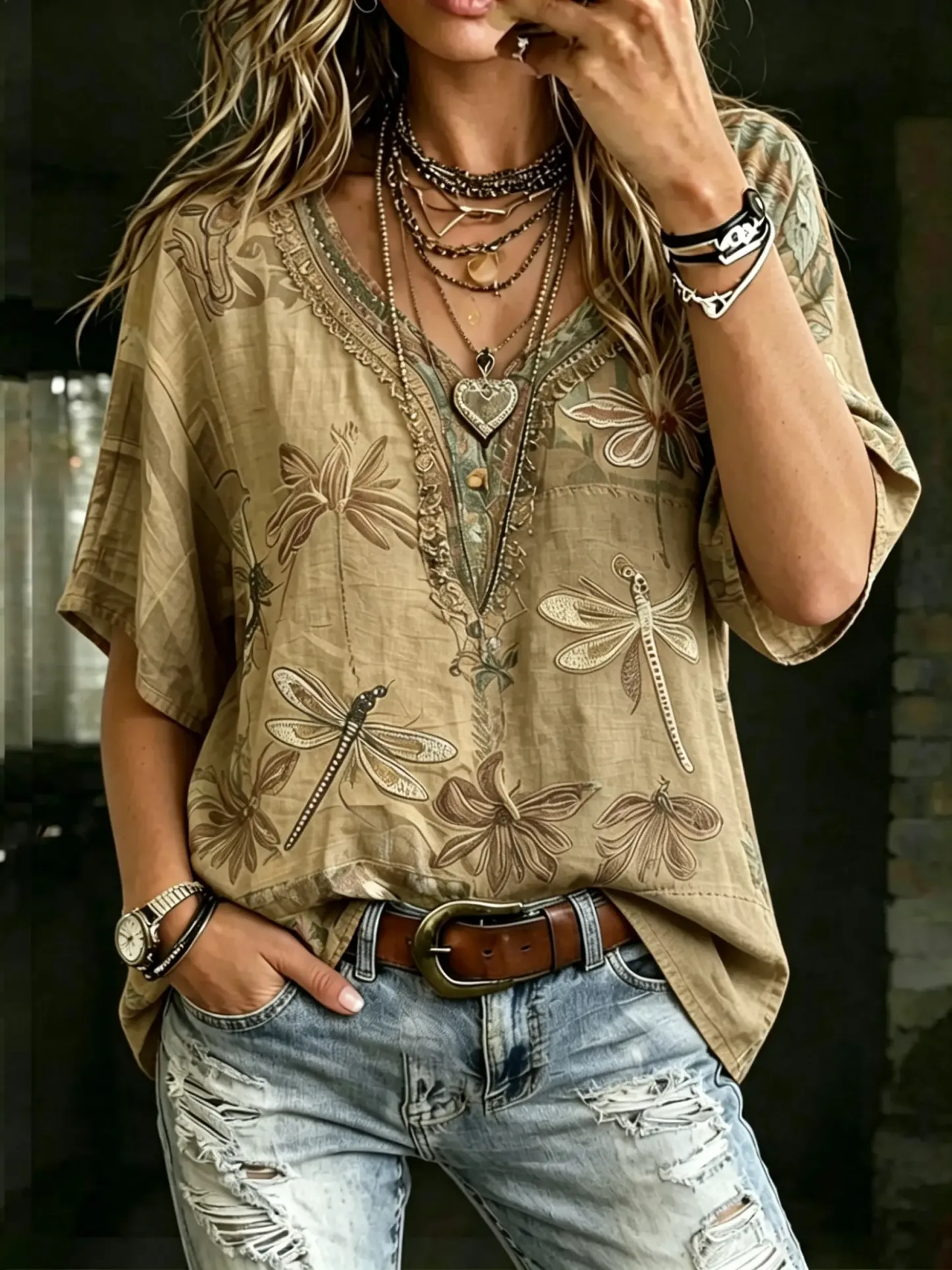 Women's Boho Dragonfly Floral Print Cotton V-Neck Tee