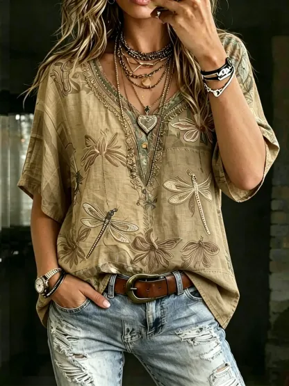 Women's Boho Dragonfly Floral Print Cotton V-Neck Tee