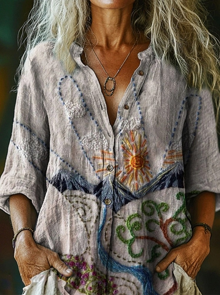 Women's Embroidered Palm Sun Mountain Natural Pattern Art Print Casual