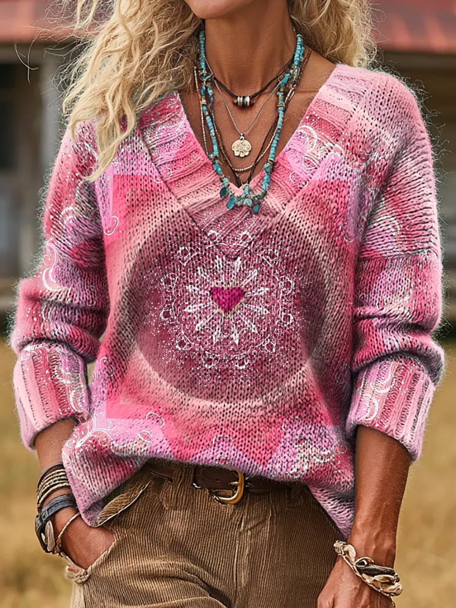 Women's Vintage Pink Love Art Prints Casual V-neck Knit Sweater