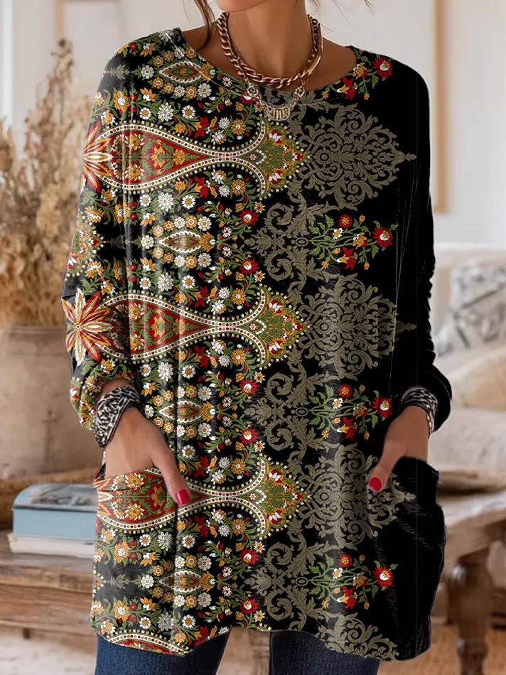 Women's Retro Ethnic Floral Art Print Casual Long-Sleeve Round Neck Po