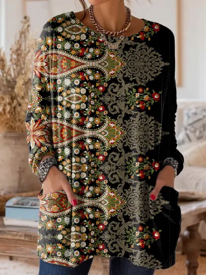 Women's Retro Ethnic Floral Art Print Casual Long-Sleeve Round Neck Pocket Cotton T-Shirt