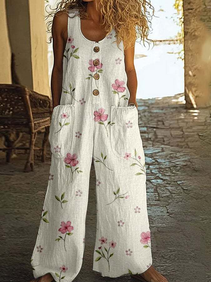 Women's Floral Print Linen Blend Wide Leg Jumpsuit