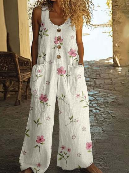 Women's Floral Print Linen Blend Wide Leg Jumpsuit