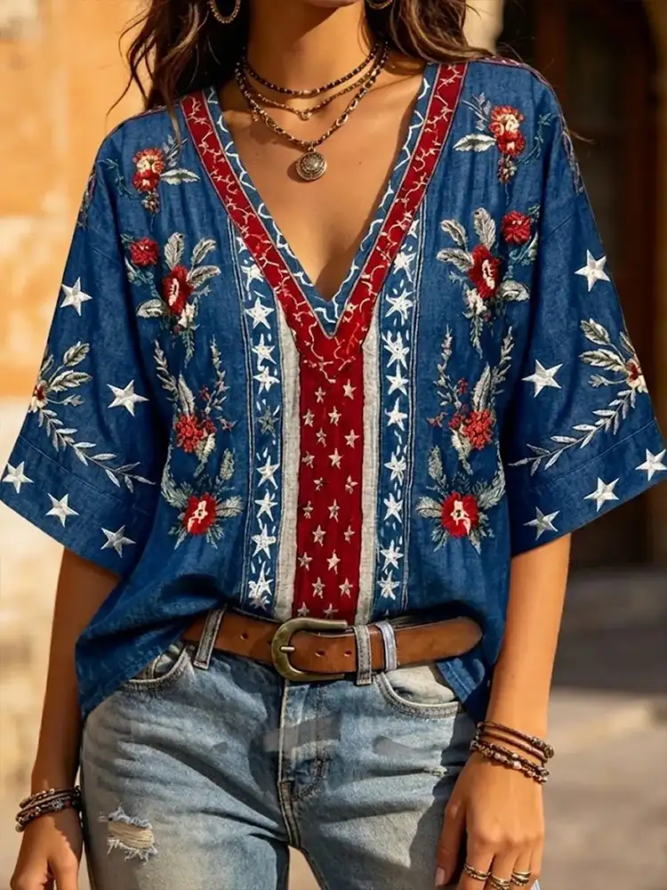 Women's Independence Day Floral Print Artistic Print Denim V-neck Short-sleeve T-shirt