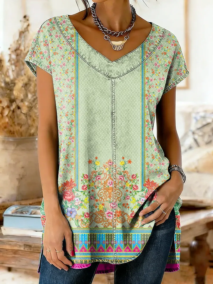Women's Bohemian Ethnic Floral Art Print Casual Washed Denim Cotton Top