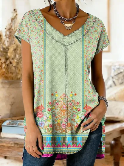 Women's Bohemian Ethnic Floral Art Print Casual Washed Denim Cotton Top