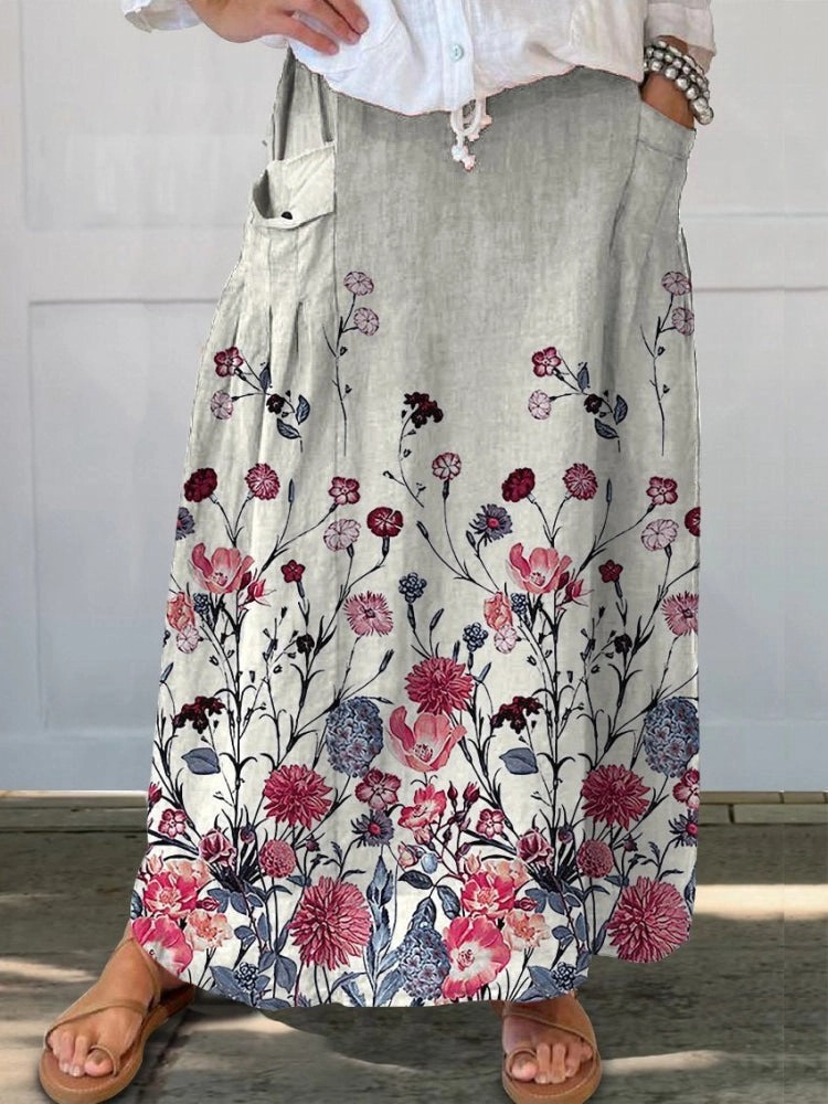 Spring Floral Pattern Printed Women's Linen Pocket Skirt