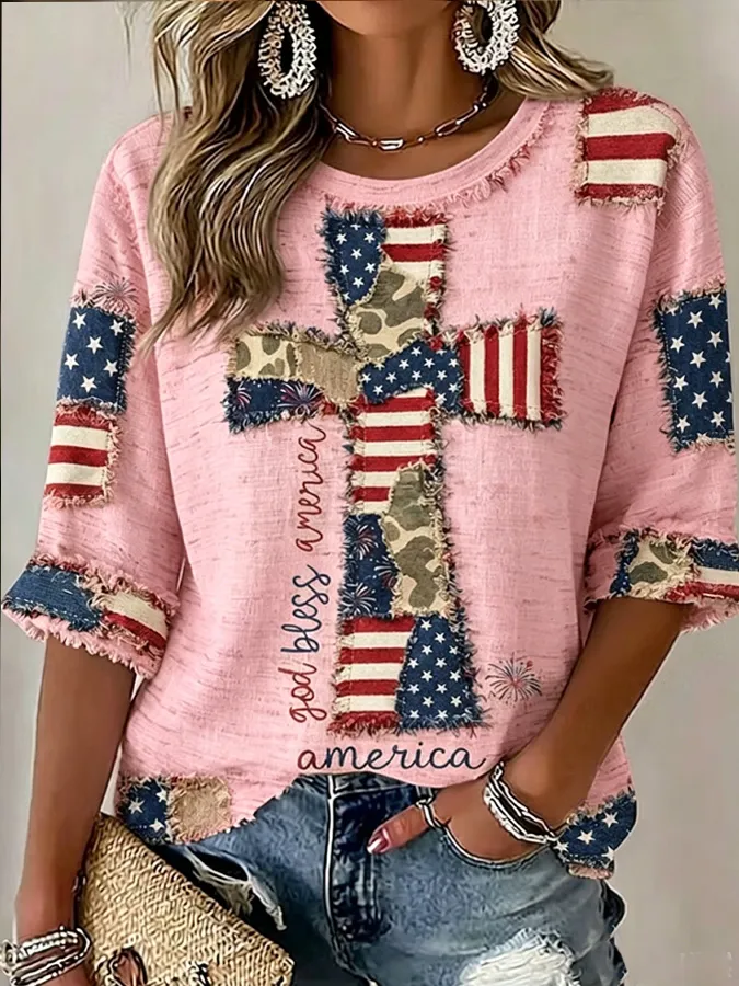 Women'S Flag, Faith, Art, Seven Quarter Sleeve Round Neck Linen Top
