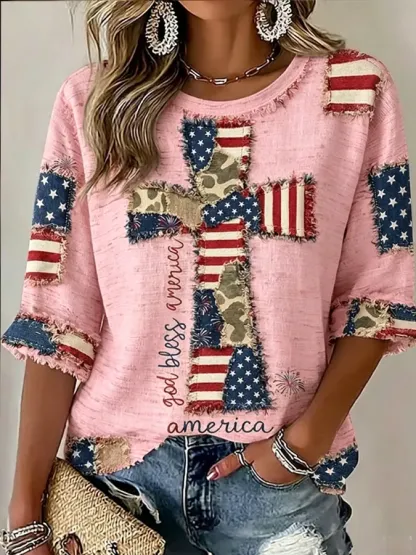 Women'S Flag, Faith, Art, Seven Quarter Sleeve Round Neck Linen Top