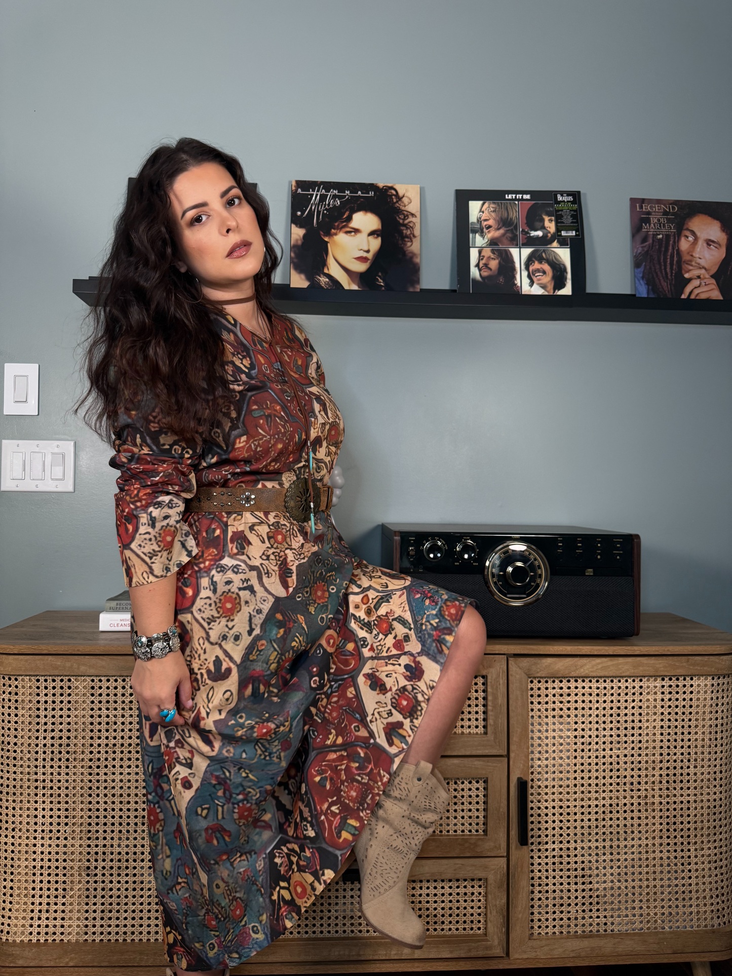 Women's Retro Colorful Floral Art Print Pocket Cotton Dress