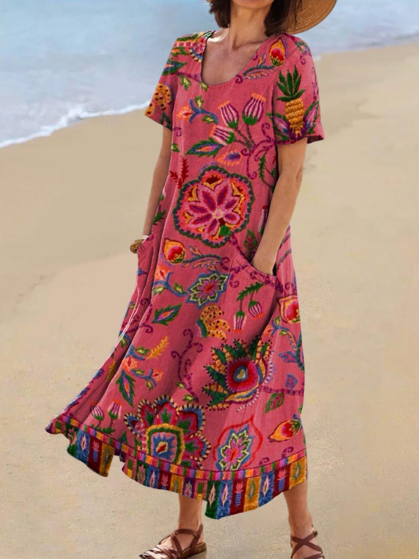 Women's Vintage Floral Art Print Casual Cotton Linen Pocket Dress