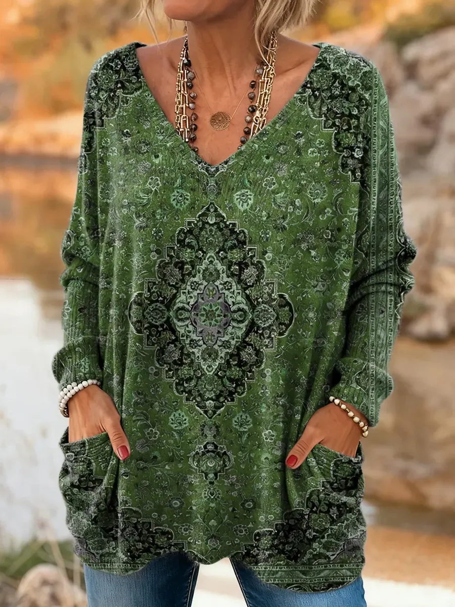 Women's Ethnic Totem Art Print Comfortable V Neck Pocket Knit Sweater