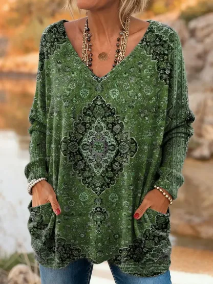 Women's Ethnic Totem Art Print Comfortable V Neck Pocket Knit Sweater