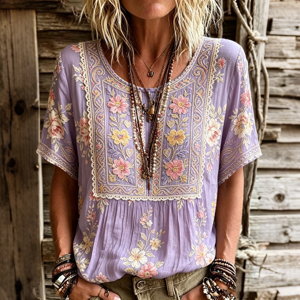 Women's Retro Floral Embroidered Art Round Neck Short Sleeve Linen Blend T-shirt