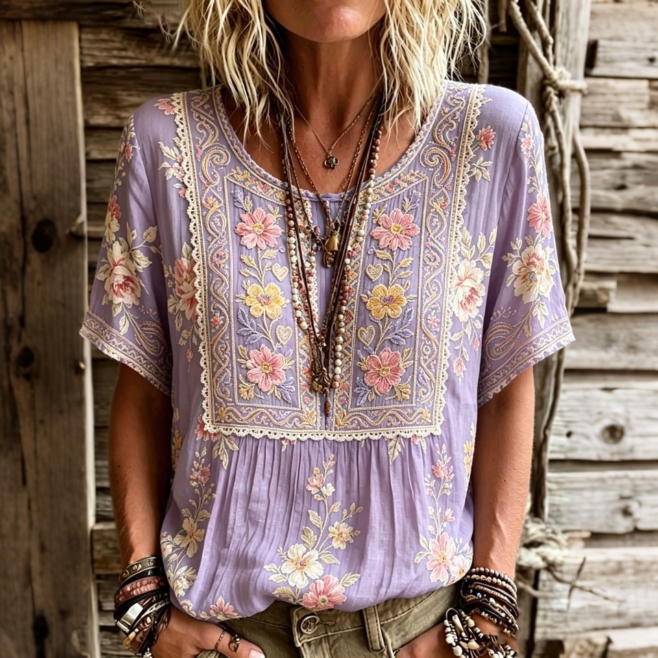 Women's Retro Floral Embroidered Art Round Neck Short Sleeve Linen Blend T-shirt