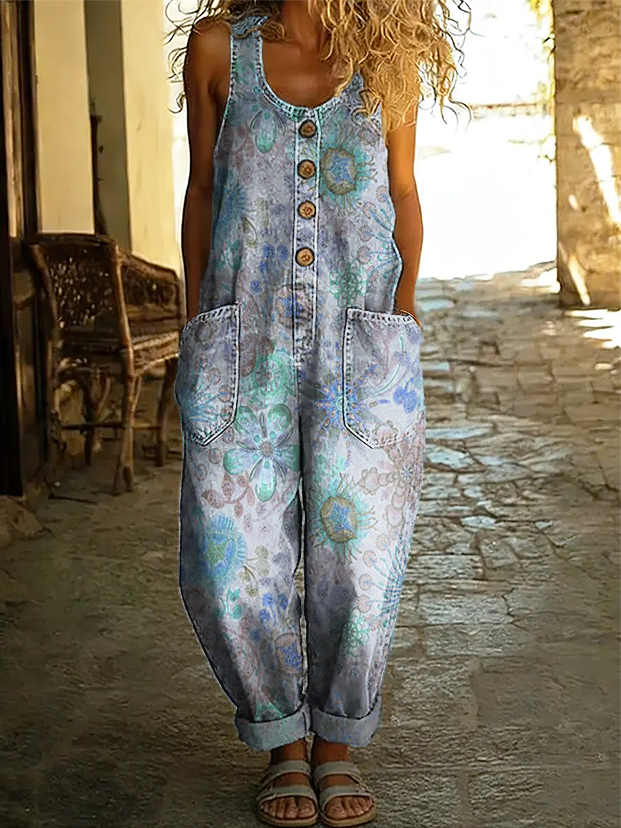 Women's Vintage Floral Art Print Sleeveless Washed Cotton Denim Jumpsuit