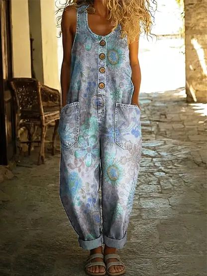 Women's Vintage Floral Art Print Sleeveless Washed Cotton Denim Jumpsuit