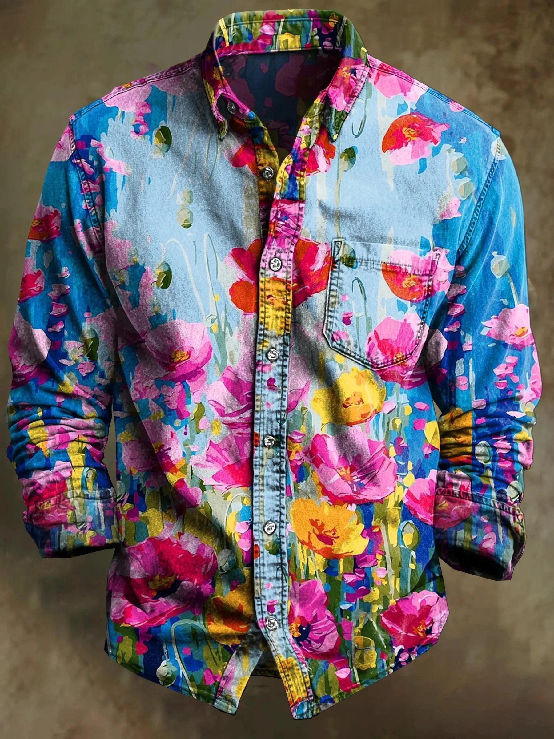 Vintage Abstract Color Floral Totem Art Print Cotton Long Sleeve Shirt