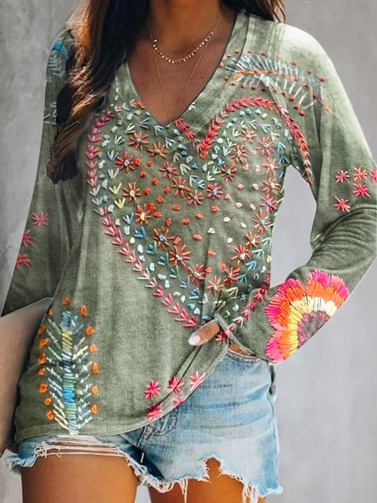 Women's Vintage Bohemian Floral Art Print Casual V Neck Long Sleeve To