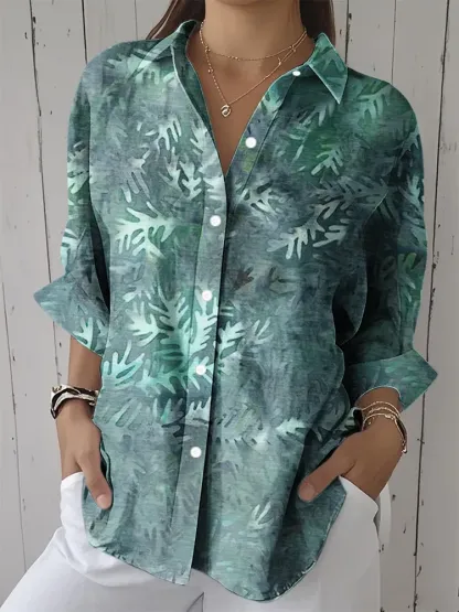 Women'S Pine And Cypress Leaf Prints Lapel Shirt