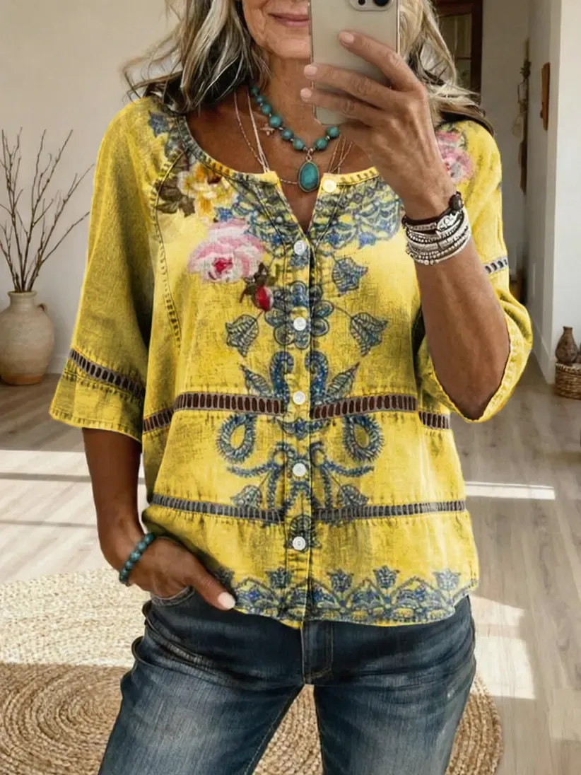 Women's Retro Bohemian Textured Floral Art Print Casual Crew Neck Cutout Top