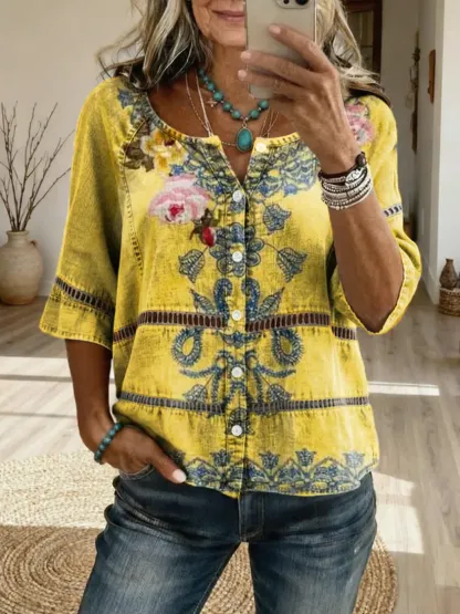 Women's Retro Bohemian Textured Floral Art Print Casual Crew Neck Cutout Top