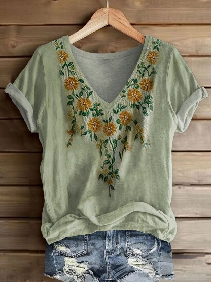 Women's Bohemian Floral Art Print V-neck Casual T-Shirt