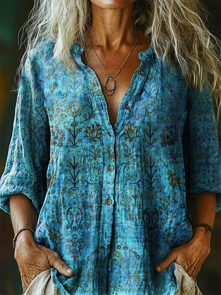 Women's Vintage Ethnic Totem Floral Art Print Casual Cotton Linen Shirt