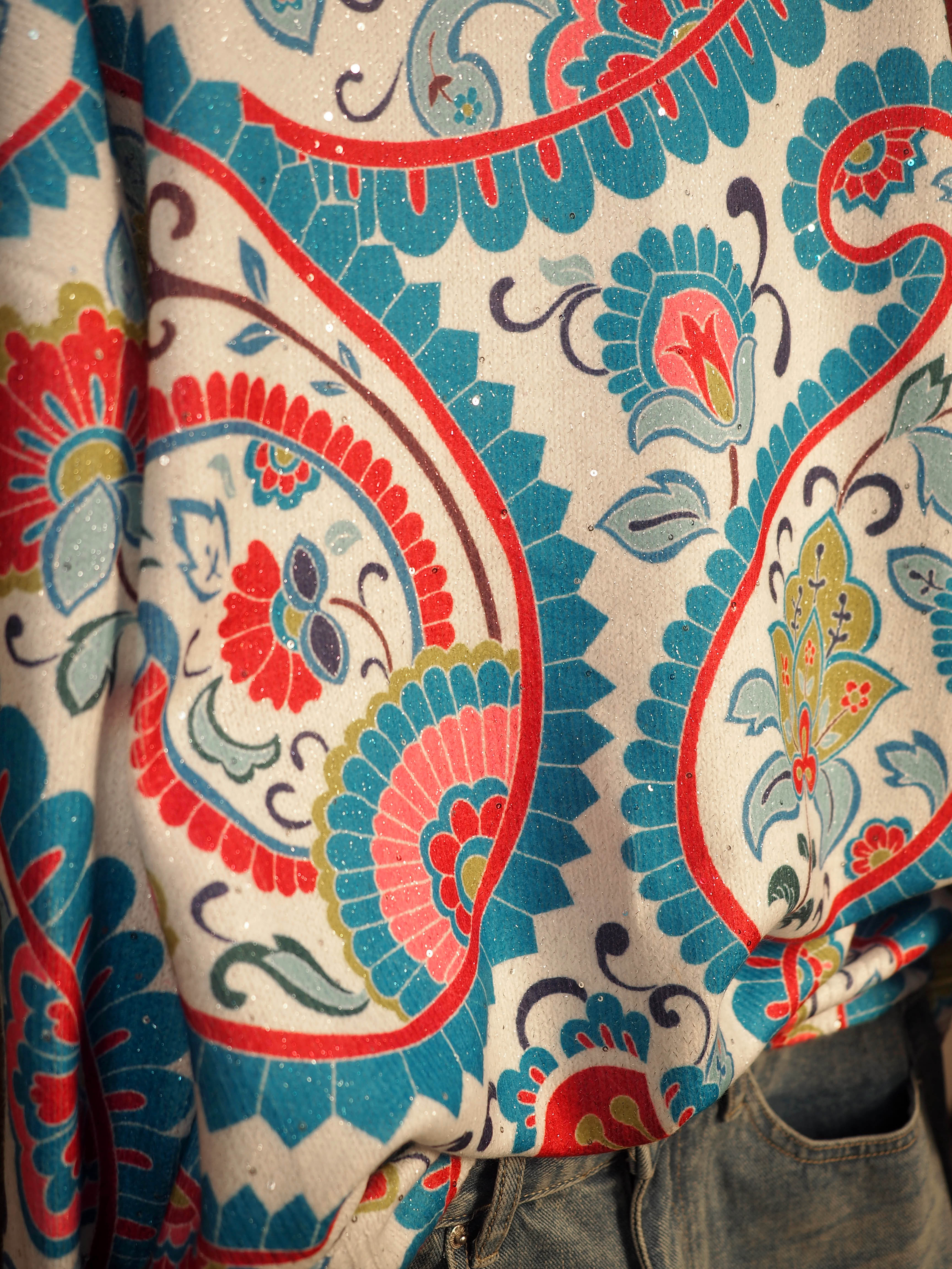 Artistic Floral Sequins Print Knit Pullover Sweater