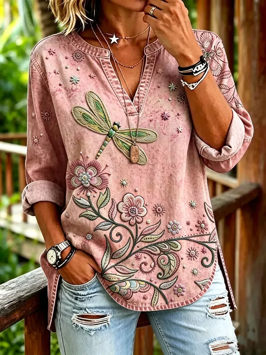 Women's Vintage Floral Print Casual V-Neck Shirt