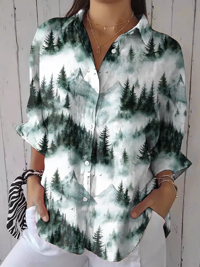 Women's Casual Forest Mountain Printed Shirt