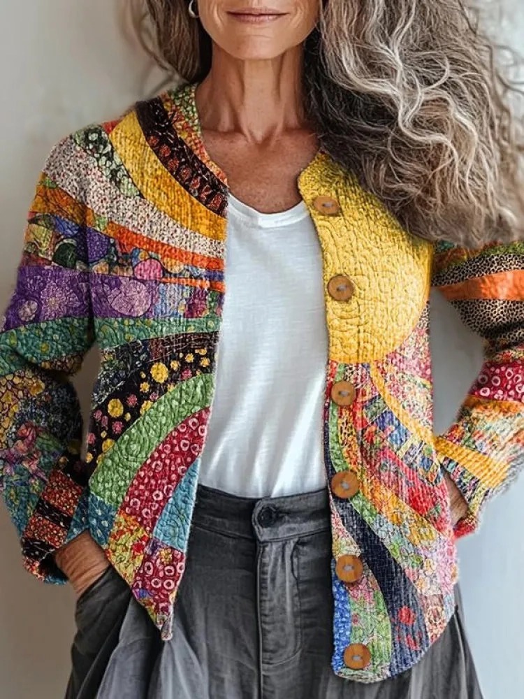 Colorful Warm Sunshine & Sea of Flowers Print Buttoned Cardigan Sweate