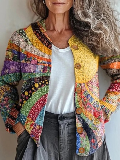 Colorful Warm Sunshine & Sea of Flowers Print Buttoned Cardigan Sweater