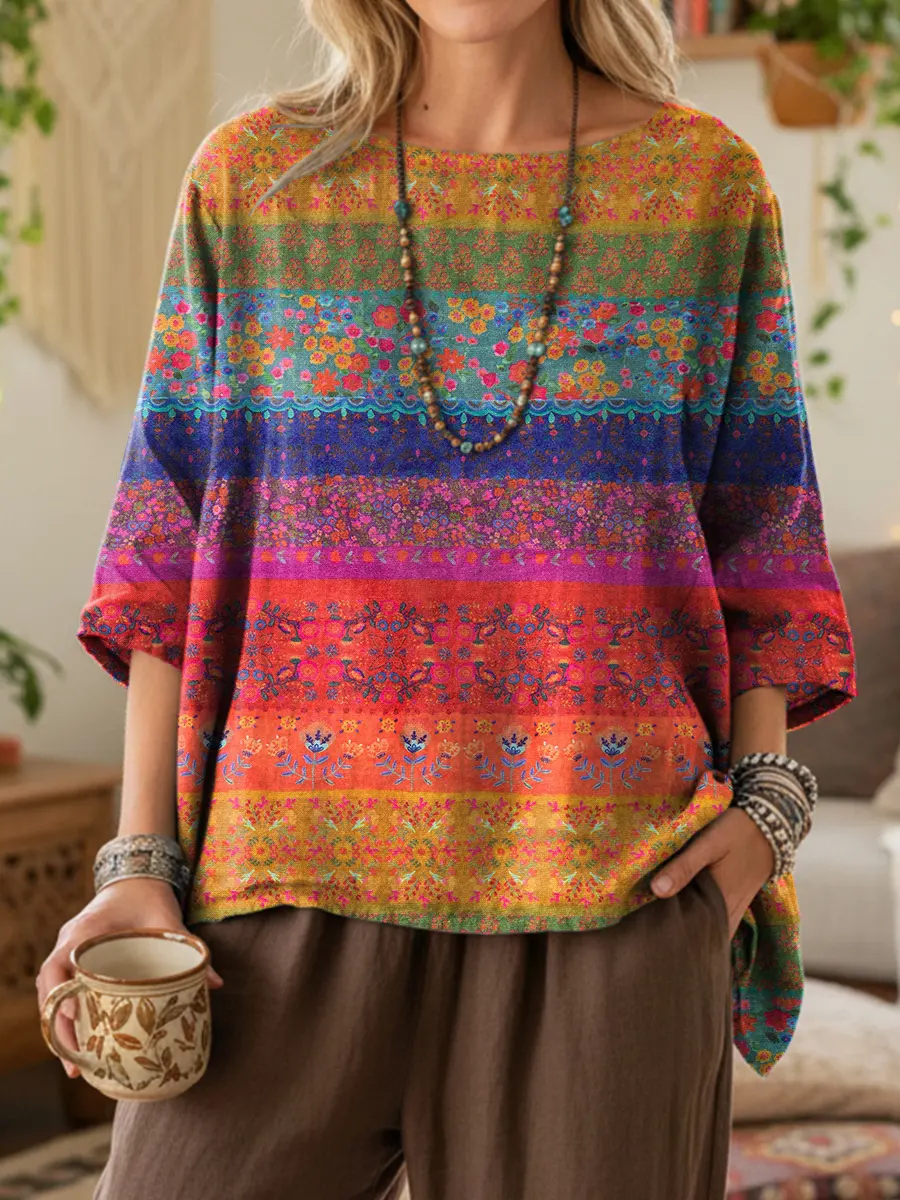 Vintage National Flower Stripes Women's Print Casual Cotton And Linen Shirt