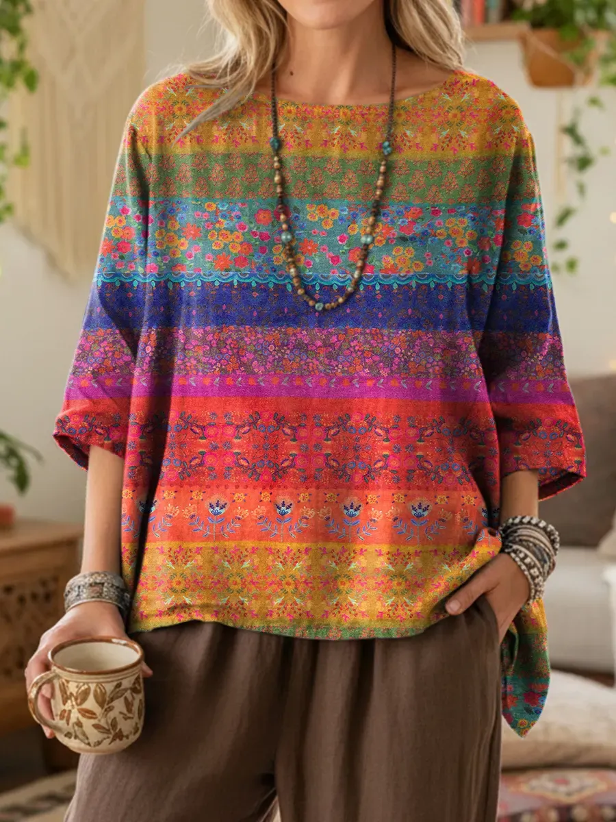 Vintage National Flower Stripes Women's Print Casual Cotton And Linen 