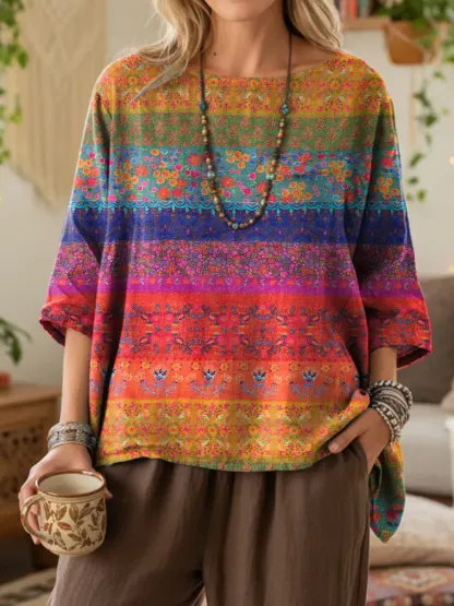 Vintage National Flower Stripes Women's Print Casual Cotton And Linen Shirt