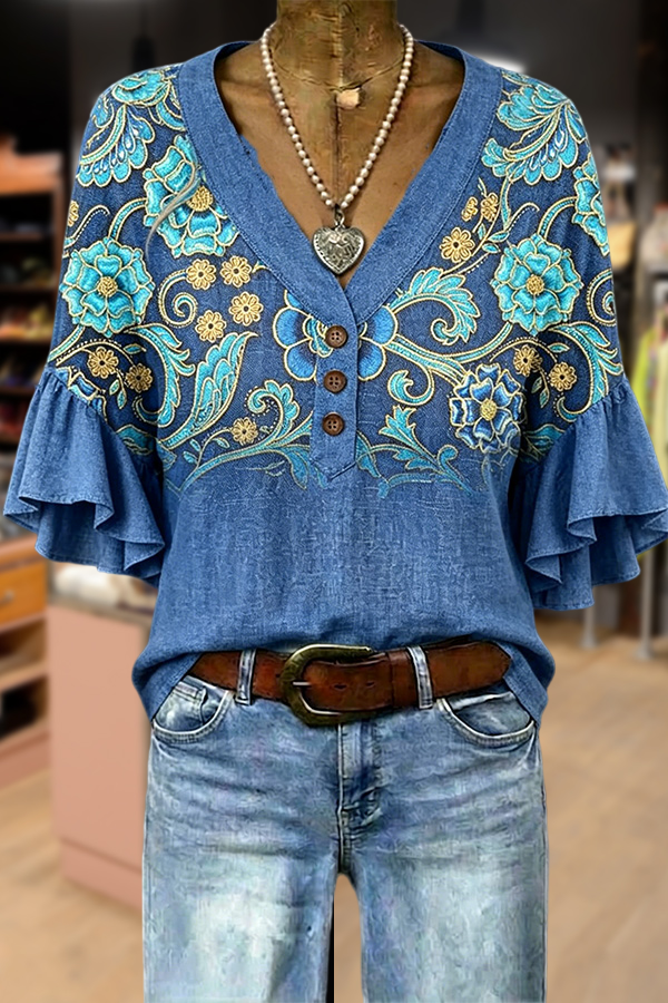 Vintage Floral Print Notch Neck Ruffle Sleeve Blouse