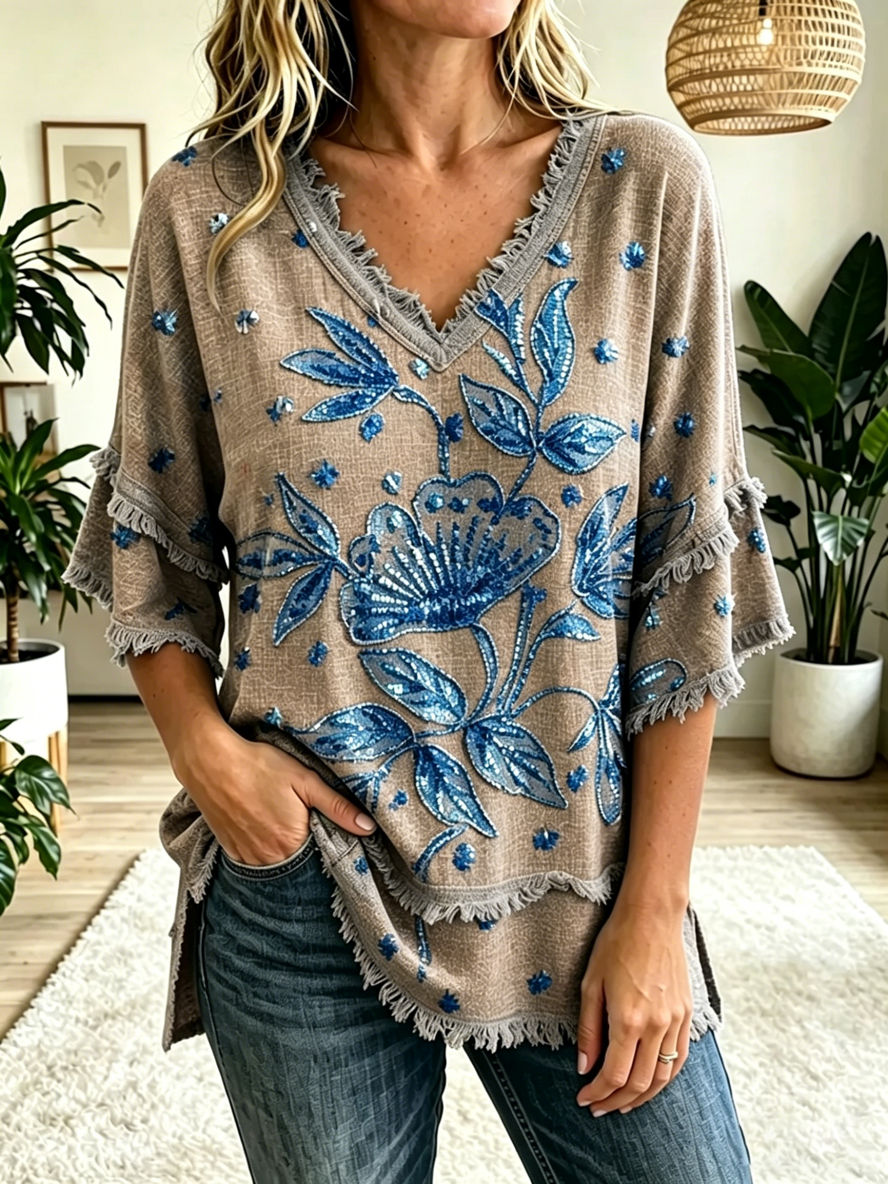 Women's Vintage Folk Floral Art Print V-Neck Tasseled Cotton Top
