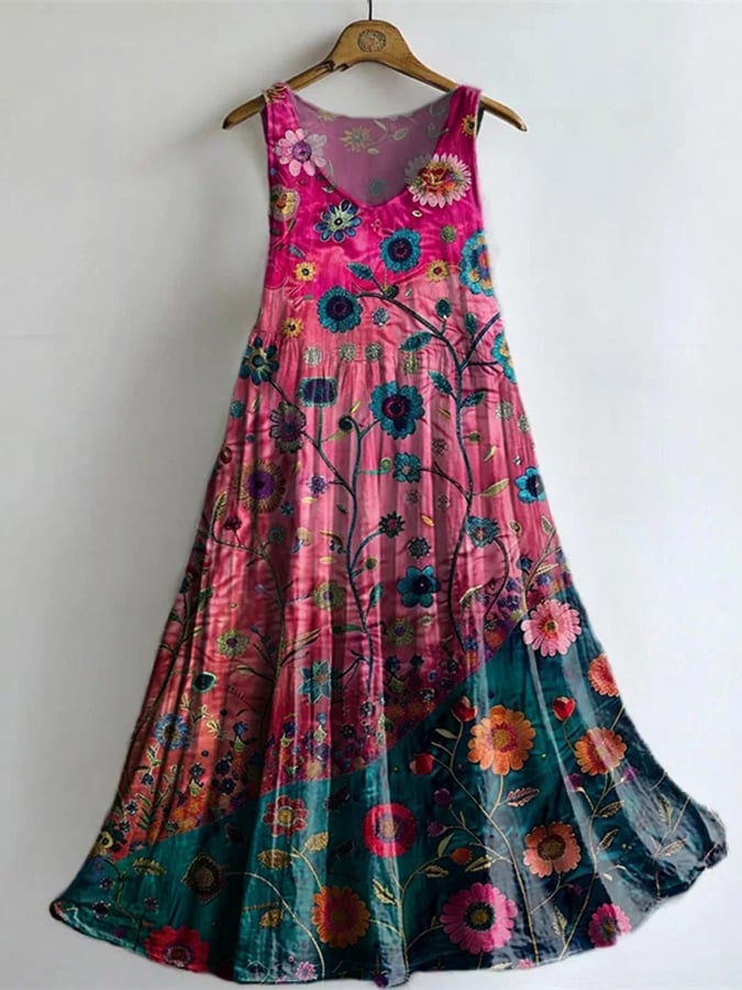 Women's Casual Retro Floral Patchwork Cotton And Linen Vest Dress