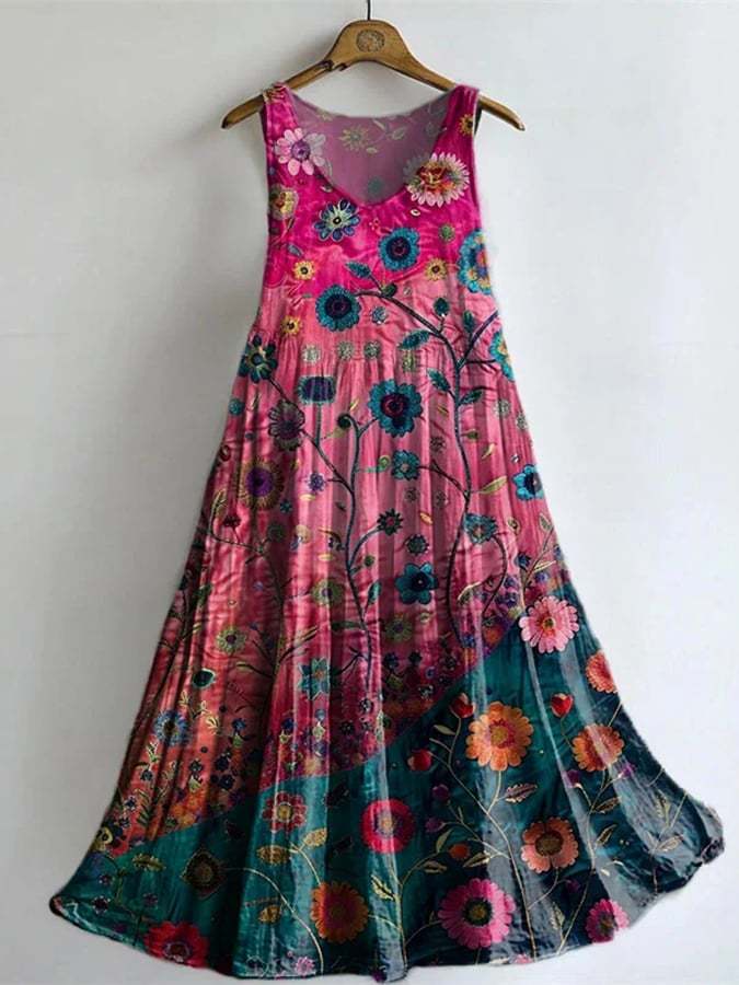 Women's Casual Retro Floral Patchwork Cotton And Linen Vest Dress