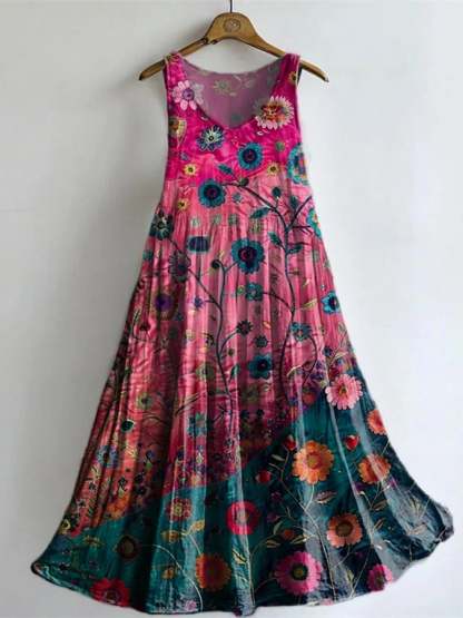 Women's Casual Retro Floral Patchwork Cotton And Linen Vest Dress