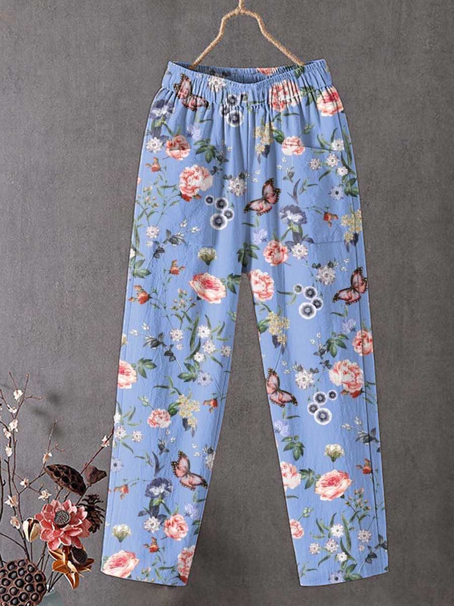 Women's Lovely Floral Butterfly Art Printed Cotton And Linen Casual Pants