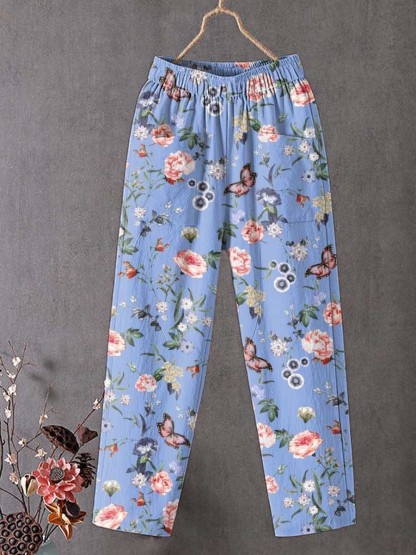 Women's Lovely Floral Butterfly Art Printed Cotton And Linen Casual Pants