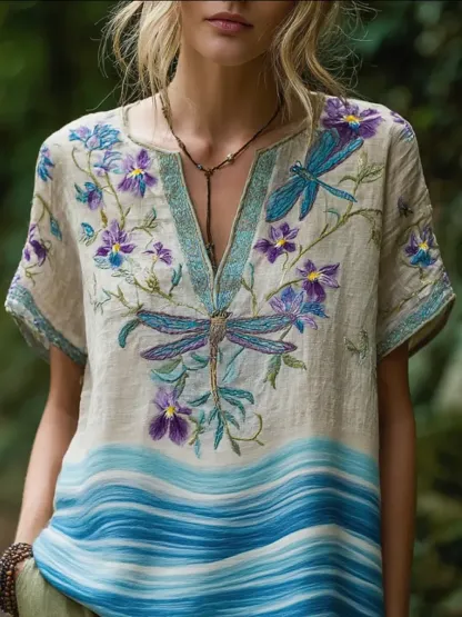 Bohemian Style  Flower Vintage V-neck Short-sleeved Shirt