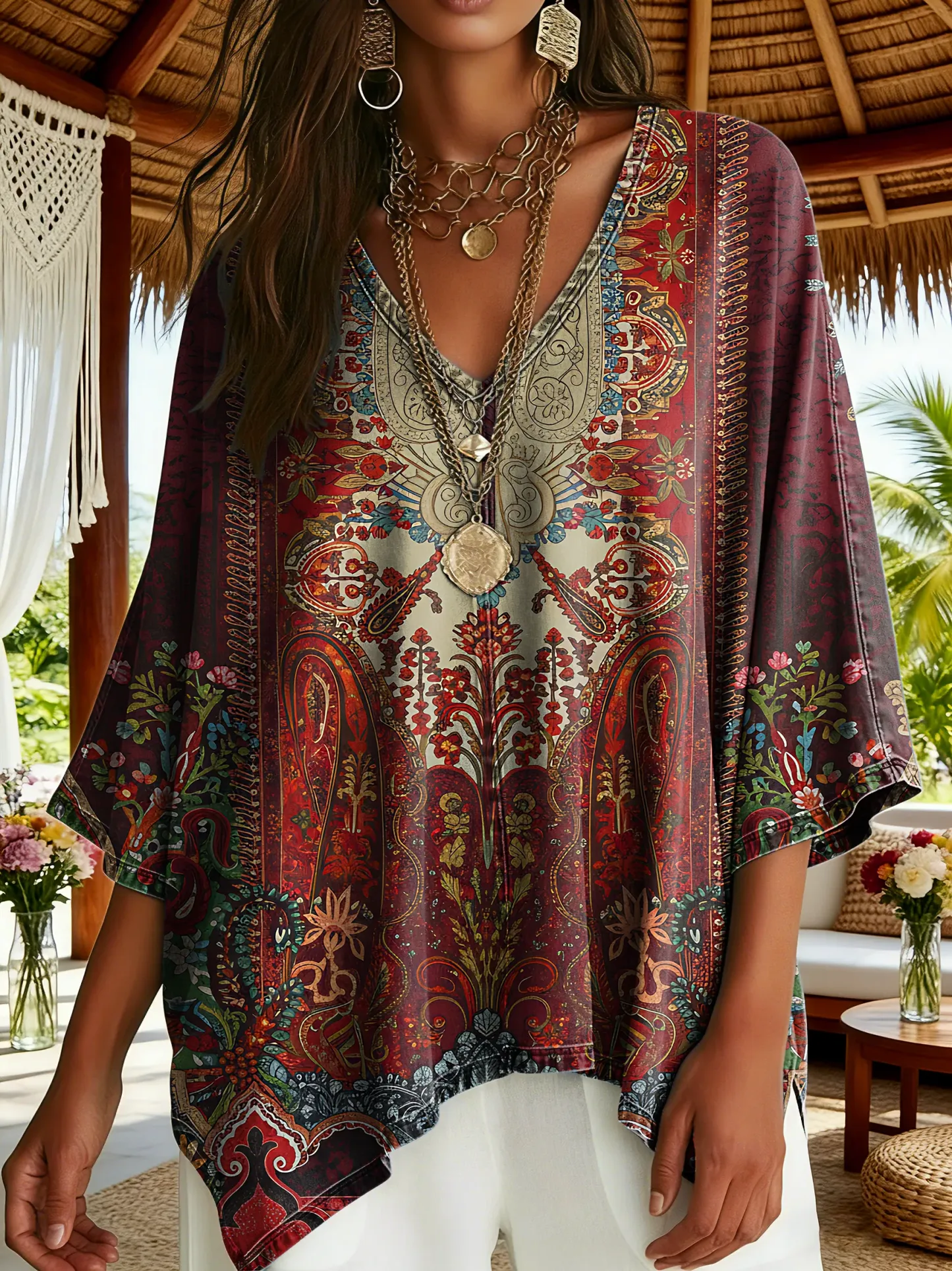 Women's Vintage Ethnic Red Floral Totem Art Prints Casual Loose V-neck Bat Sleeve Top