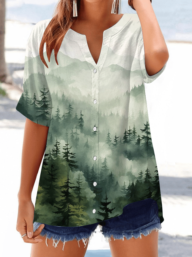 Women's Forest Mountain Print Button Design V-Neck Casual Shirt