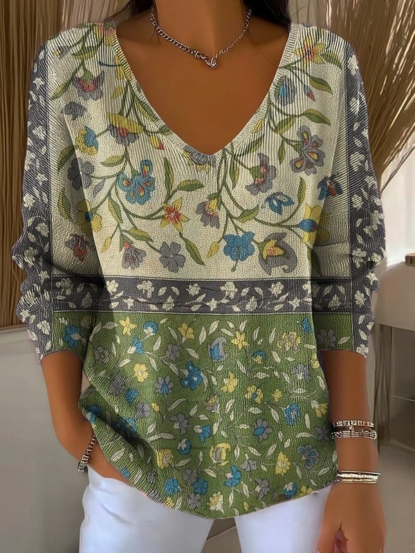 Women's Retro Floral Pattern Artistic Print Casual Round Neck Long Sleeve T-Shirt