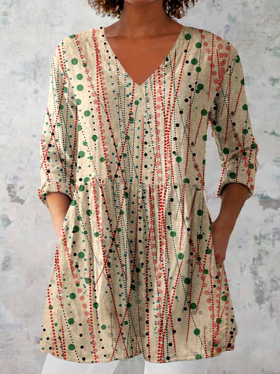 Women's Elegant Polka Dot Round Neck Cotton and Linen Top